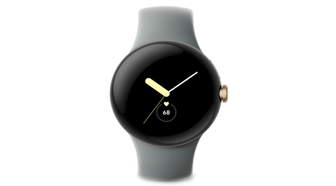 Googles Pixel Watch mit grauem Armband