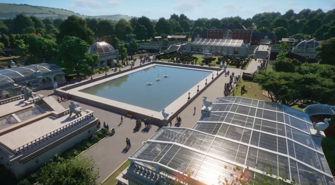 Ein gut ausgebauter Zoo mit einigen Besuchern und Besucherinnen in Planet Zoo