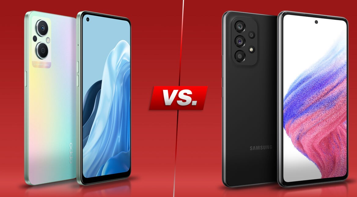Smartphones OPPO Reno 8 Lite 5G und Galaxy A53 5G von beiden Seiten vor rotem Hintergrund