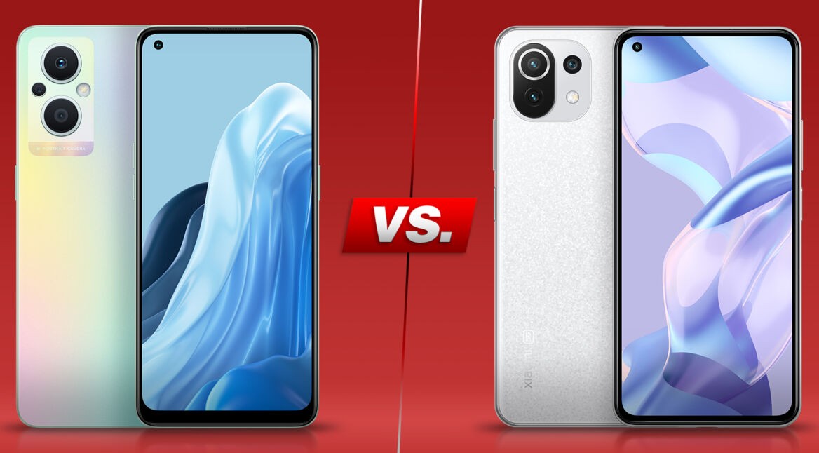 Smartphones OPPO Reno8 Lite 5G und Xiaomi 11 Lite 5G NE von beiden Seiten vor rotem Hintergrund