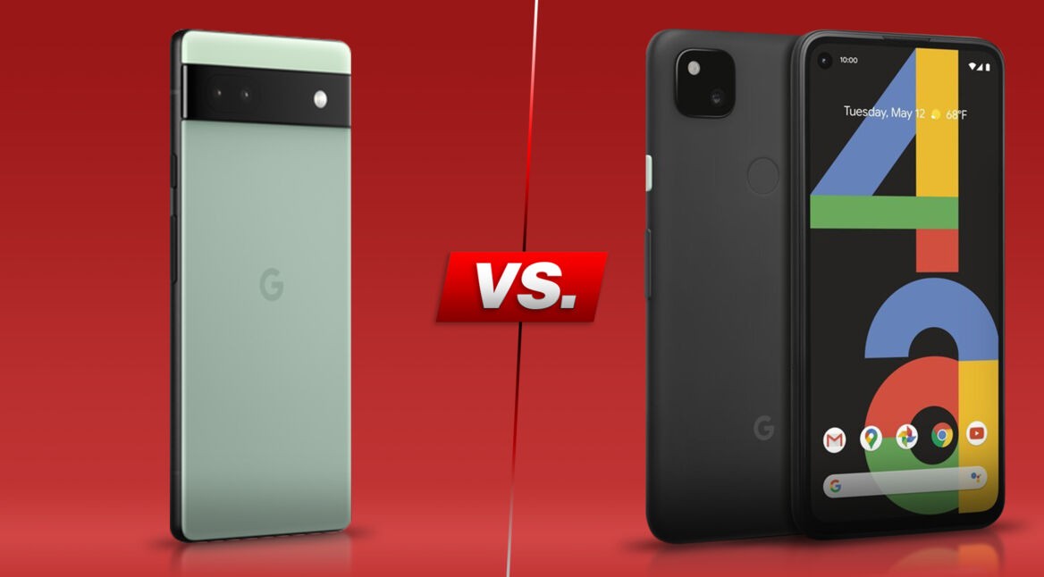 Smartphones Pixel 6a und Pixel 4a nebeneinander vor rotem Hintergrund