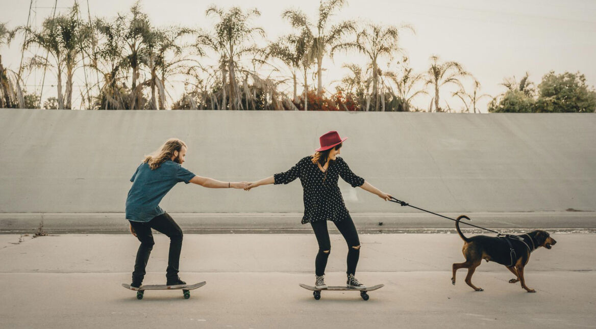 Zwei Personen stehen auf Skateboards und lassen sich von einem Hund ziehen
