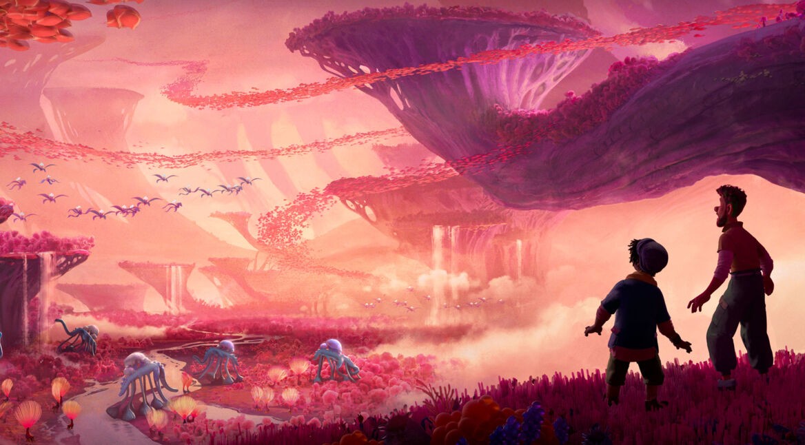 Zwei Personen erkunden einen fremden Planeten