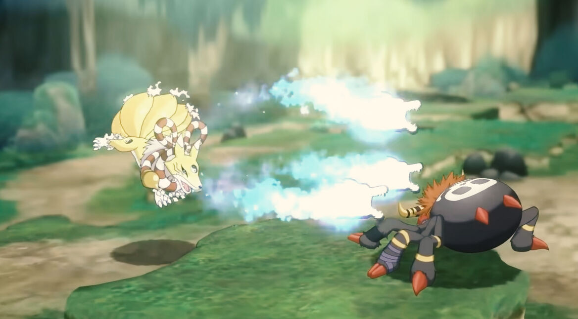 Renamon kämpft in Digimon Survive gegen Dokugumon