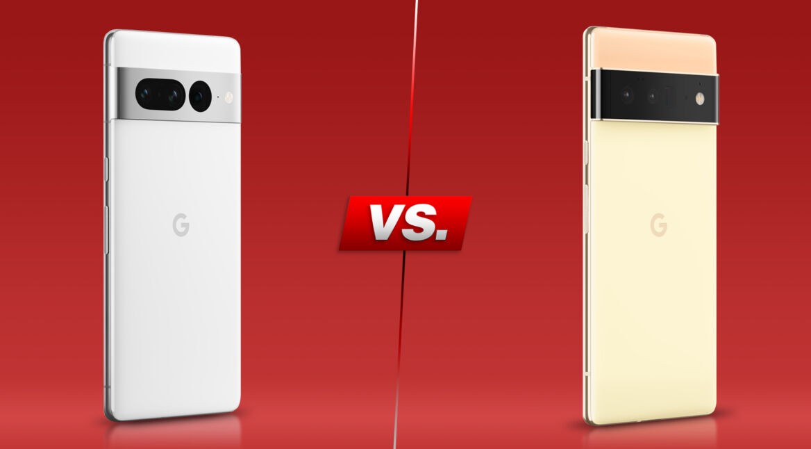 Rückseiten der Smartphones Pixel 7 Pro und Pixel 6 Pro vor rotem Hintergrund