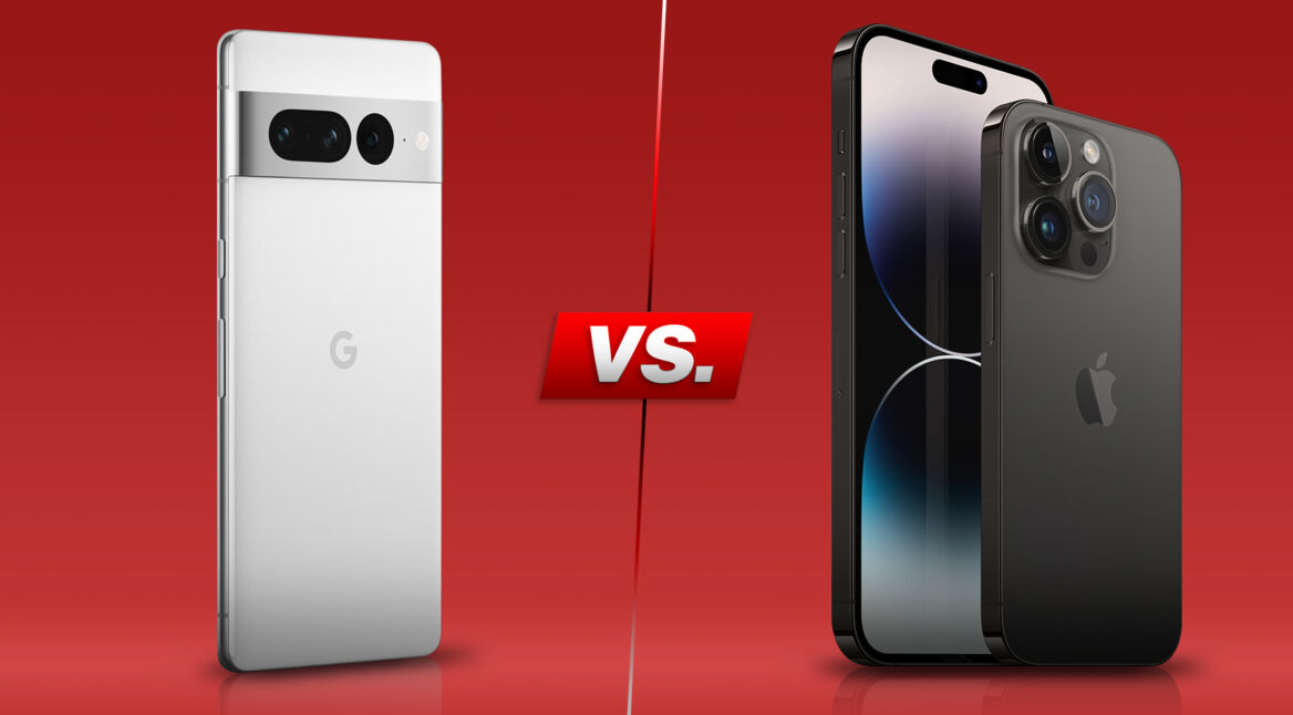 Smartphones Pixel 7 Pro und iPhone 14 Pro Max nebeneinander vor rotem Hintergrund