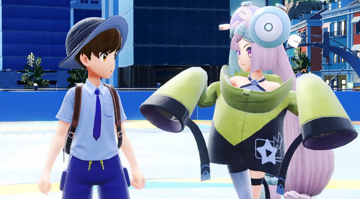 Der Protagonist und die Arenaleiterin Enigmara in Pokémon Karmesin und Purpur