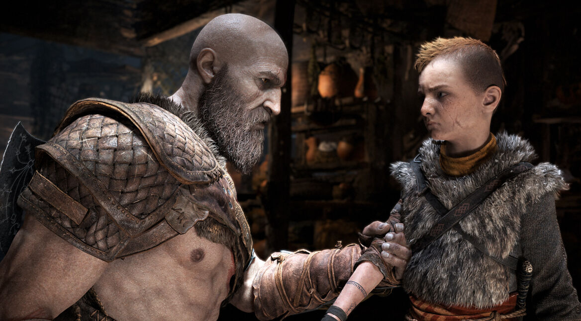 Kratos fasst seinen Sohn Atreus am Arm