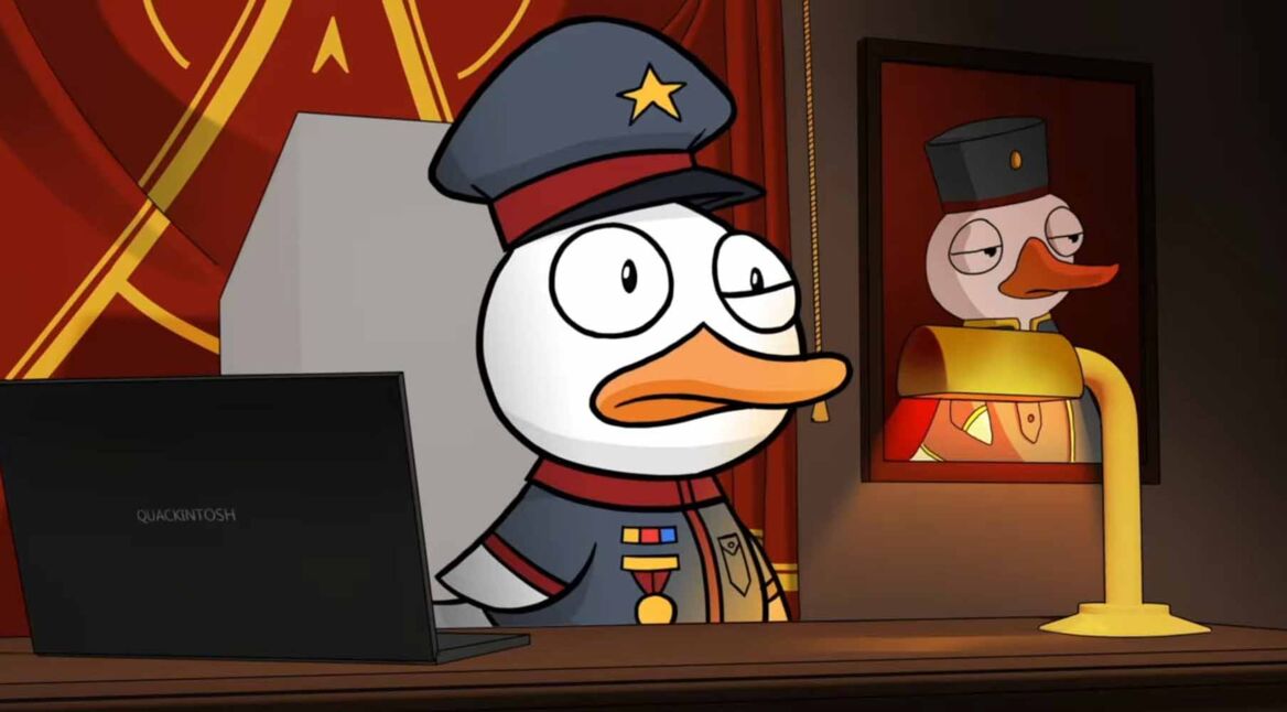 Eine Gans steht hinter einem Schreibtisch in Goose Goose Duck