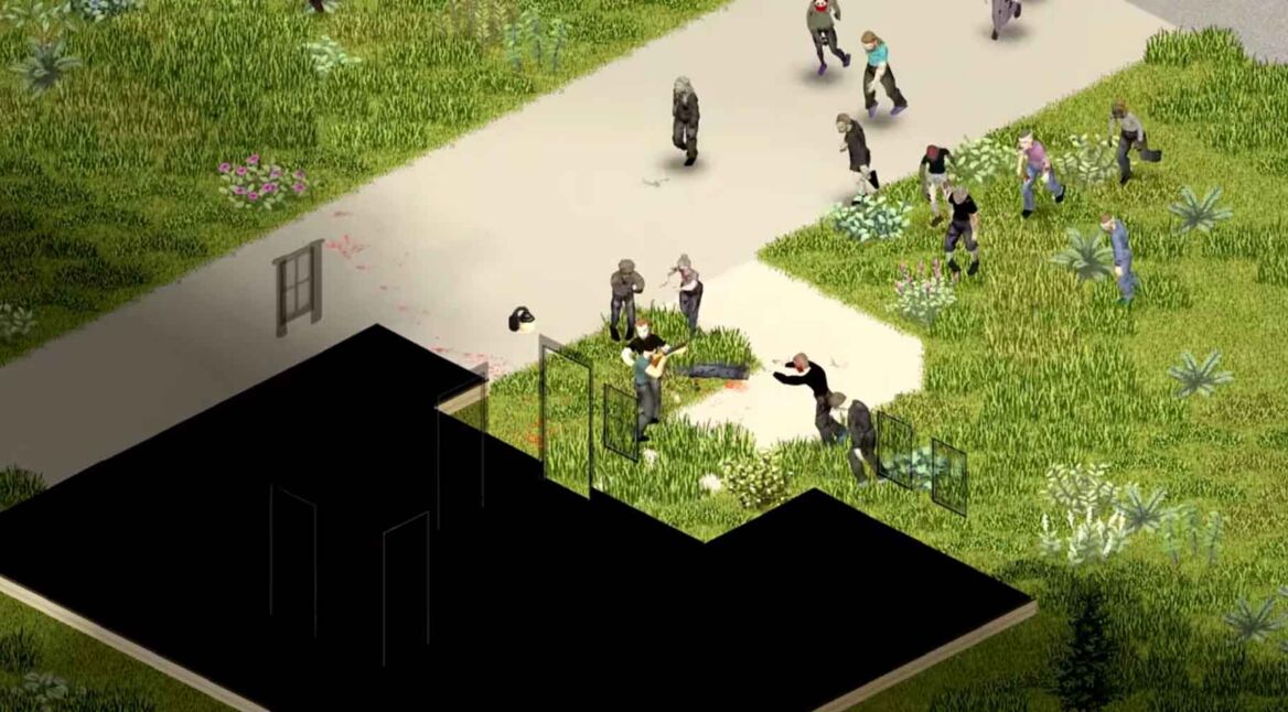 Der Protagonist wird in Project Zomboid von zahlreichen Zombies vor einem Haus belagert