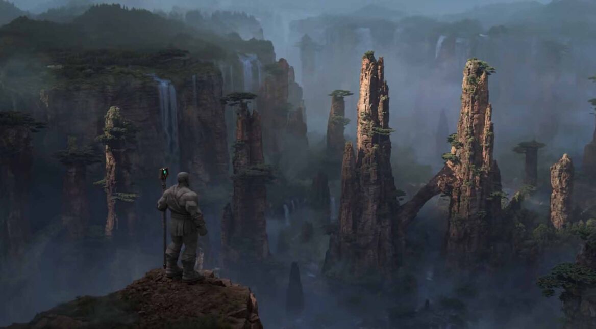 Ein Steinwächter steht an einer Klippe und schaut in WoW: Dragonflight auf das Land der Dracheninseln.