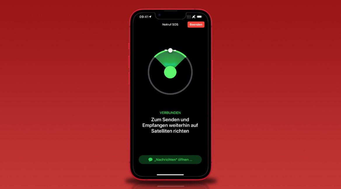 Ein iPhone 14 mit geöffneter Notruf-Satelliten-Funktion