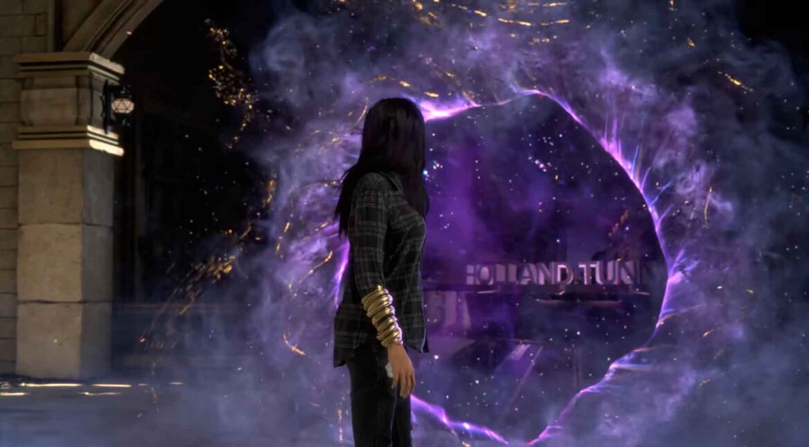 Eine Spielerin steht in FORSPOKEN vor einem Portal.