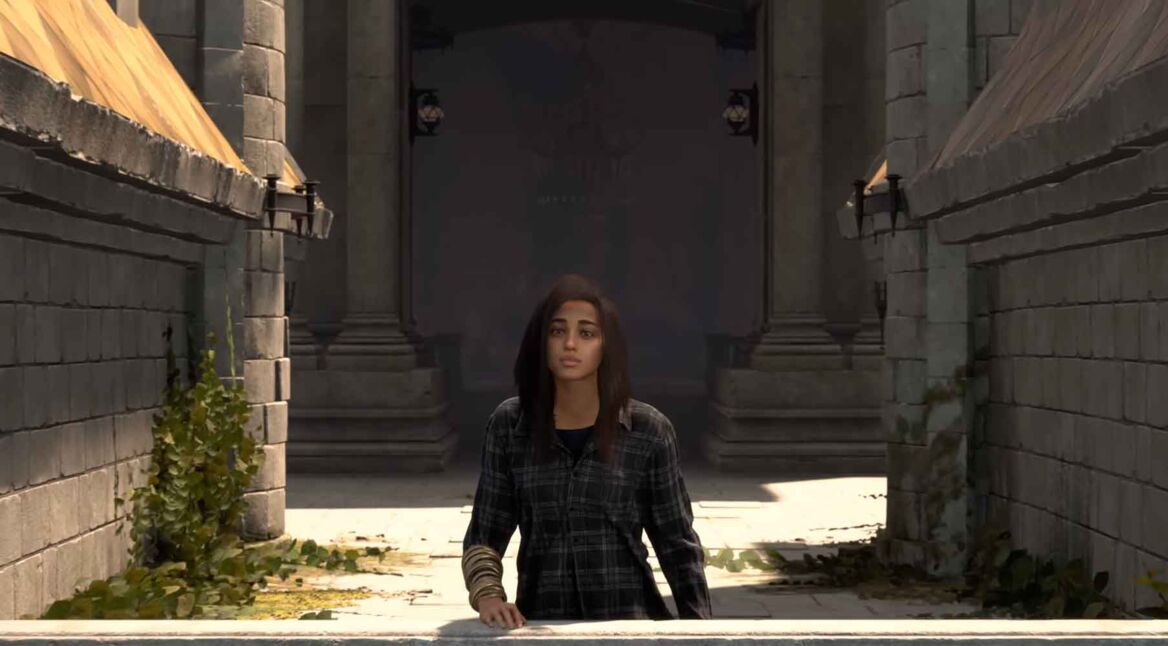 Frey steht auf dem Balkon eines alten Bauwerks und schaut sich die Welt von FORSPOKEN an