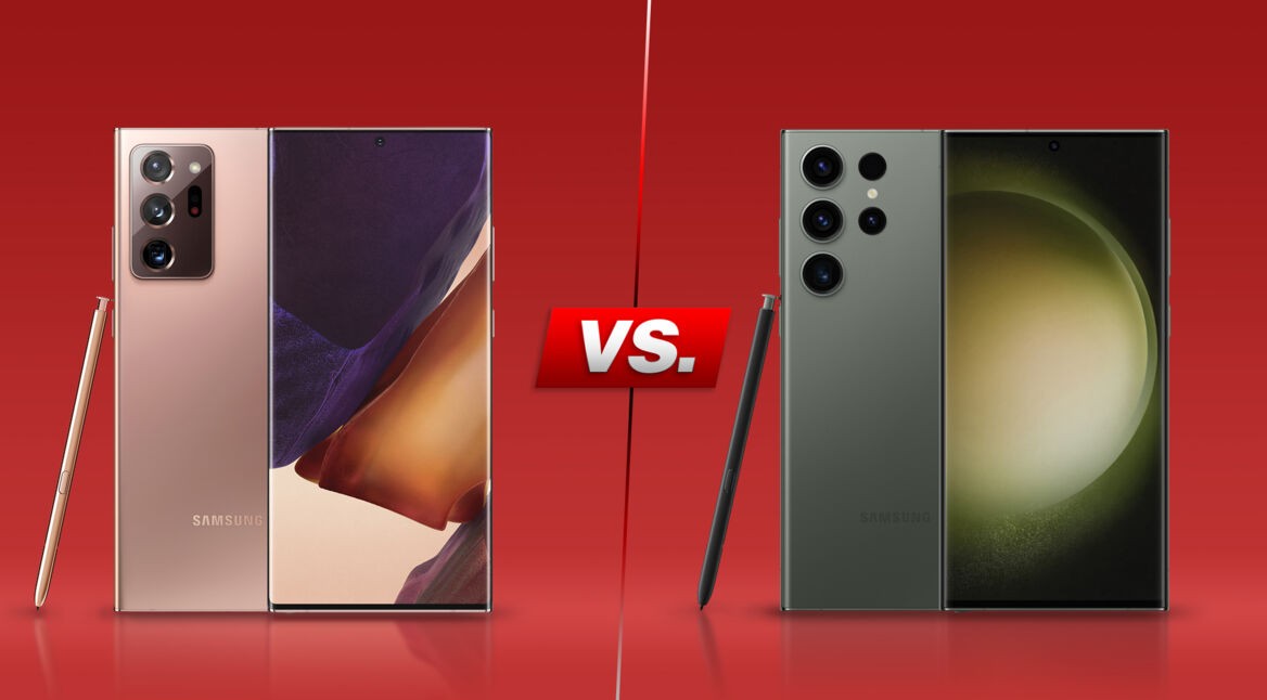 Smartphones Galaxy Note20 Ultra und Galaxy S23 Ultra nebeneinander vor rotem Hintergrund