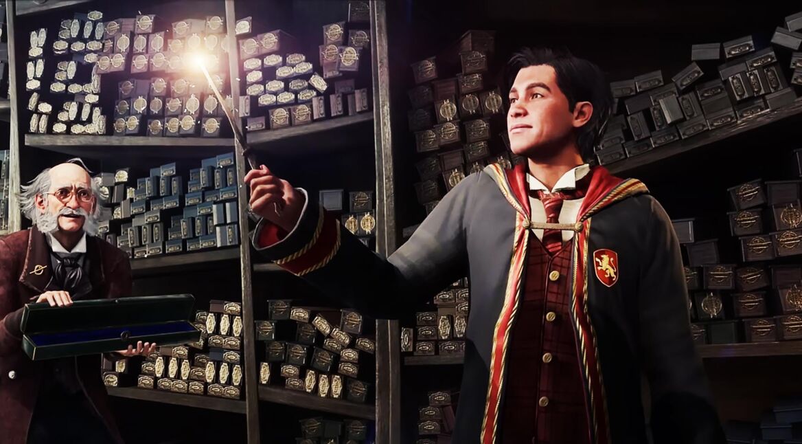 Ein Zauberer hält einen Zauberstab in der Hand, der an der Spitze leuchtet