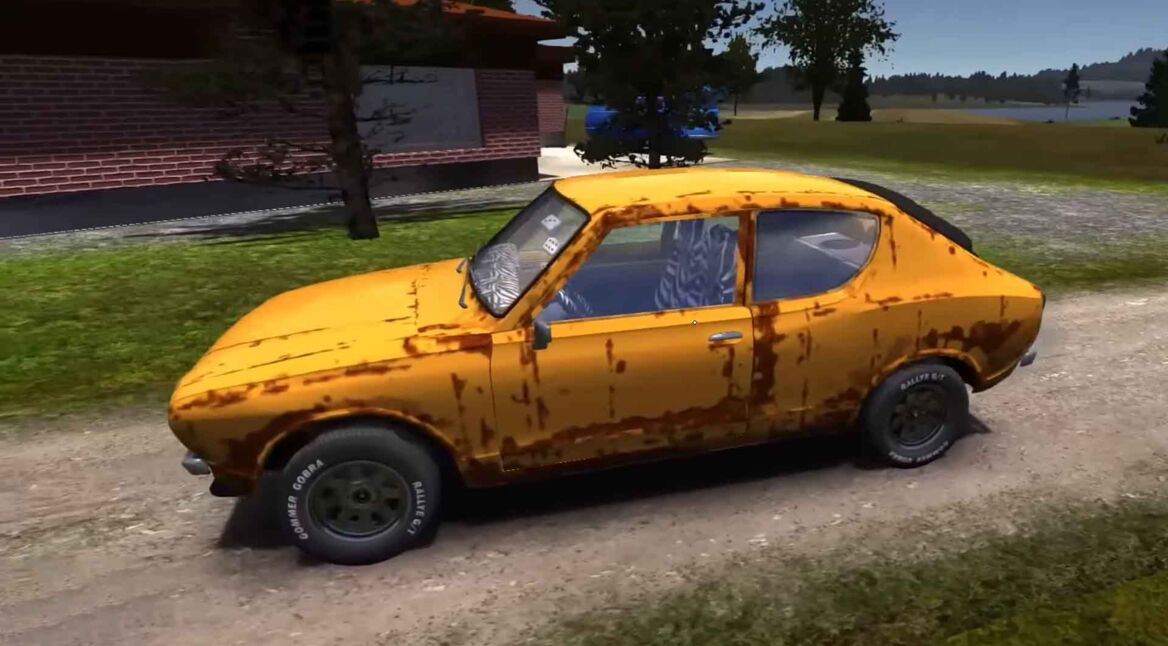 Ein gelbes Auto steht auf einem Feldweg im Spiel My Summer Car