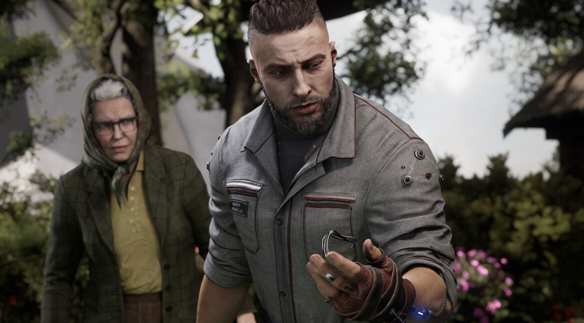 Geheimdienst-Major Sergej Netschajew wendet sich von einer älteren Dame ab im Spiel Atomic Heart