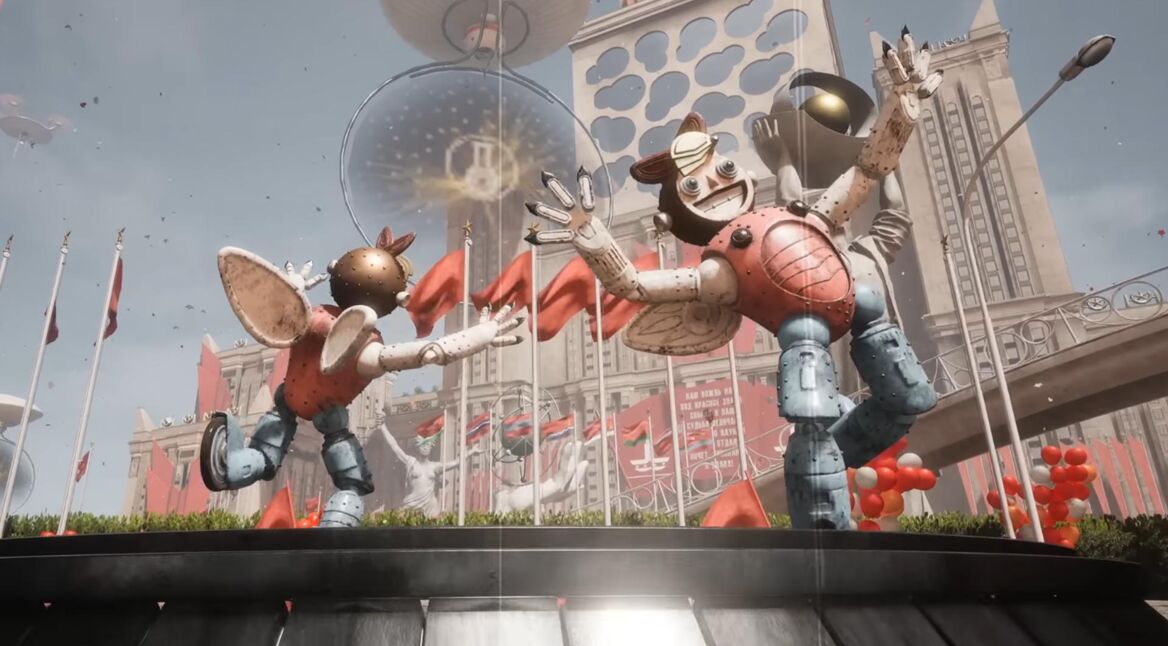 Zwei Skulpturen auf dem Festlichkeitsplatz in Atomic Heart