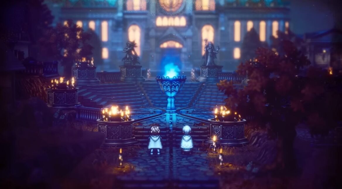 Ein Vorplatz mit einer blauen Flamme in einer Fackel mit einem Schloss im Hintergrund