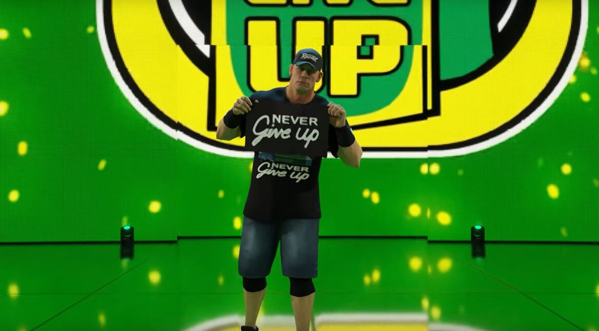 John Cena hält in WWE 2K23 ein Schild hoch