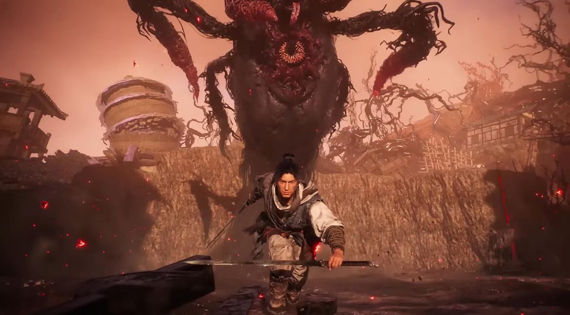 Der Protagonist aus Wo Long: Fallen Dynasty und ein Boss im Hintergrund