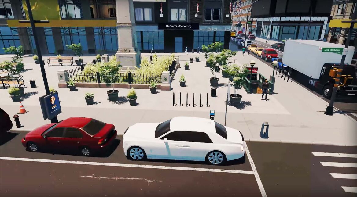 Ein Auto parkt auf einer Straße in der Stadt New York City im Spiel Big Ambitions