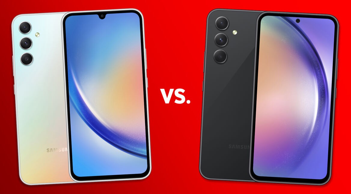Samsung-Smartphones Galaxy A34 und Galaxy A54 vor rotem Hintergrund