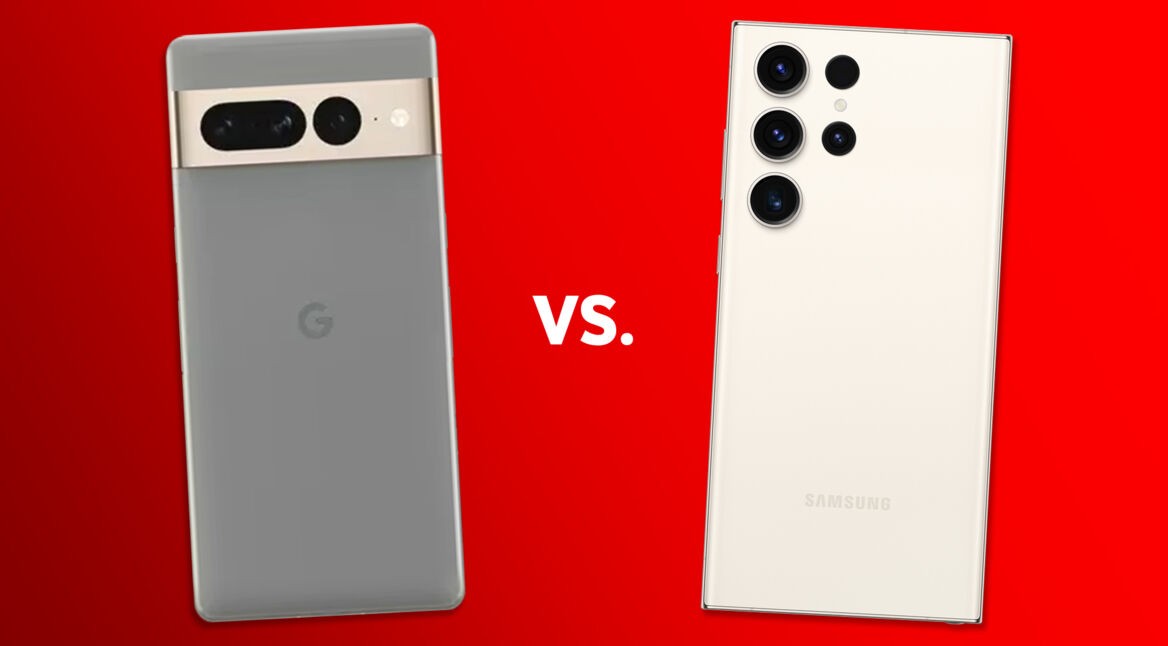 Smartphones Pixel 7 Pro und Galaxy S23 Ultra von hinten nebeneinander vor rotem Hintergrund