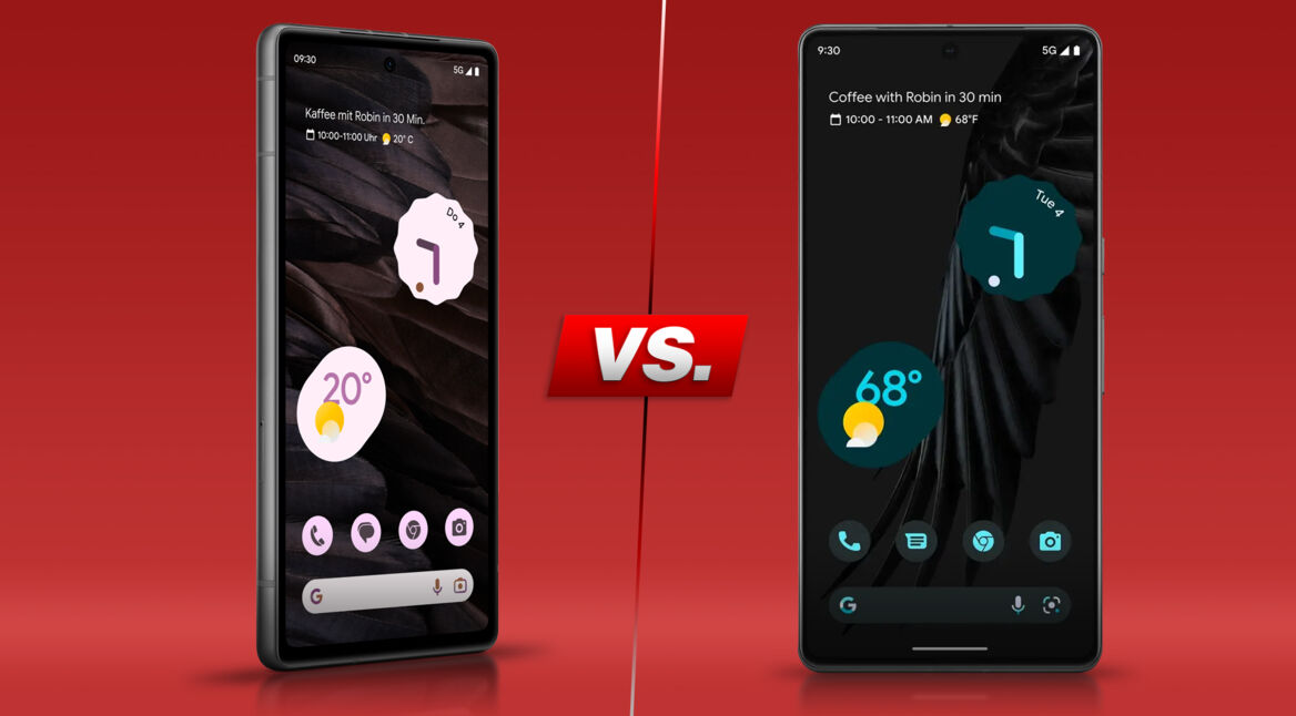 ZWei Smartphones Pixel 7a und Pixel 7 von vorne nebeneinander vor rotem Hintergrund