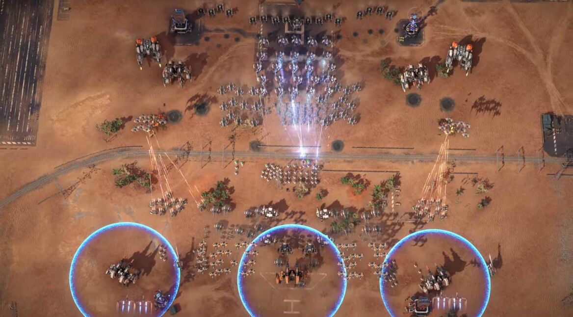 Ein Schlachtfeld mit vielen Einheiten in Mechabellum