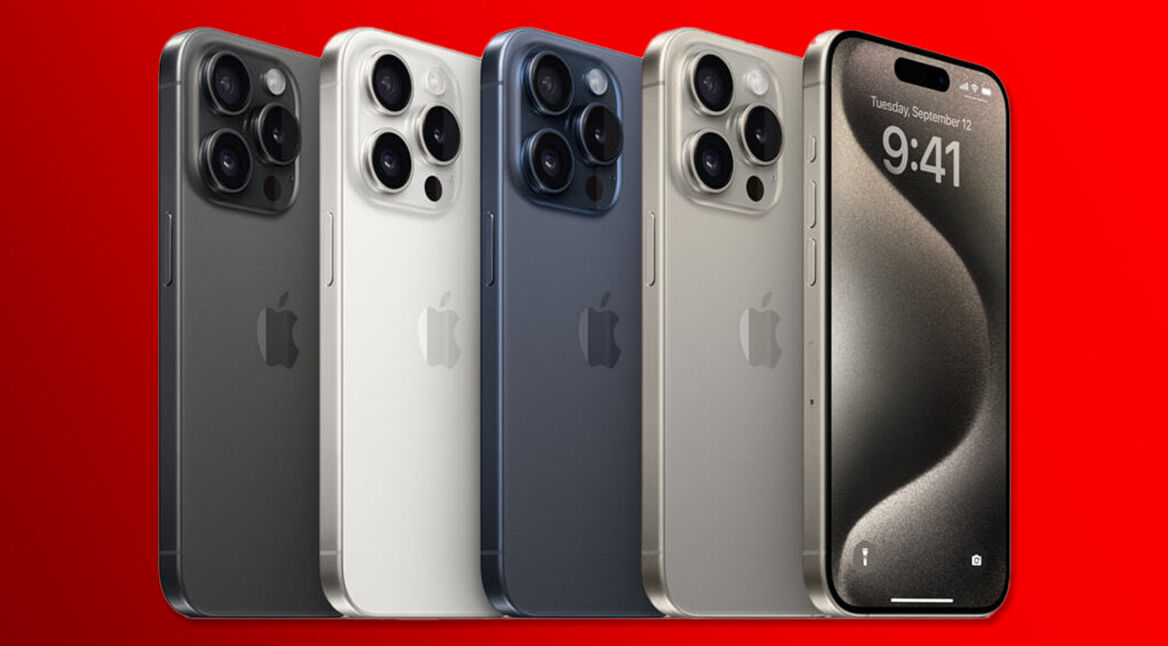 Fünfmal das iPhone 15 Pro nebeneinander in verschiedenen Farben