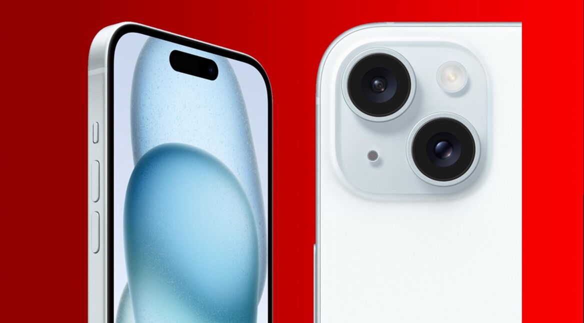 Das iPhone 15 vor rotem Hintergrund