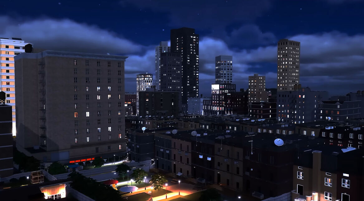 Die Skyline einer Stadt aus Cities: Skylines 2