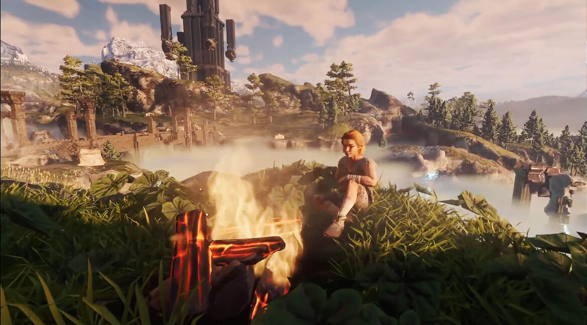 Ein weiblicher Charakter sitzt in Enshrouded am Lagerfeuer