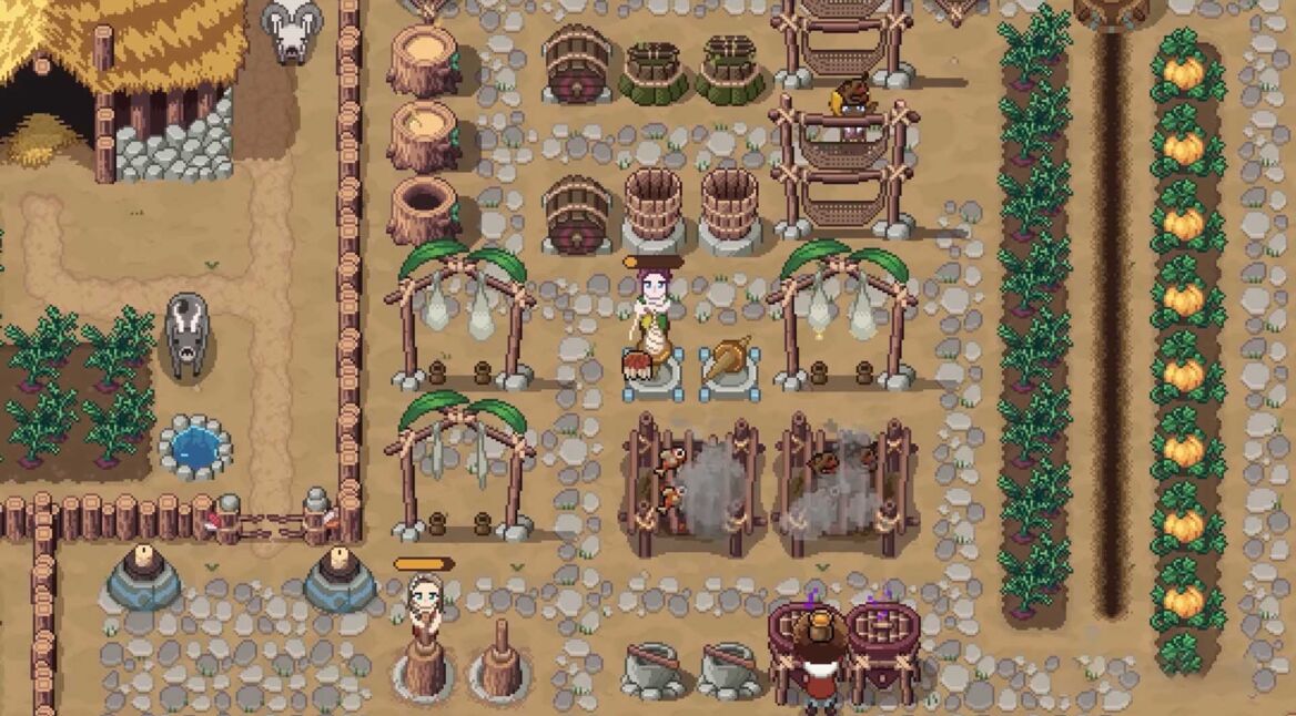 Spielende arbeiten an den Werkbänken des Stammes in Roots of Pacha