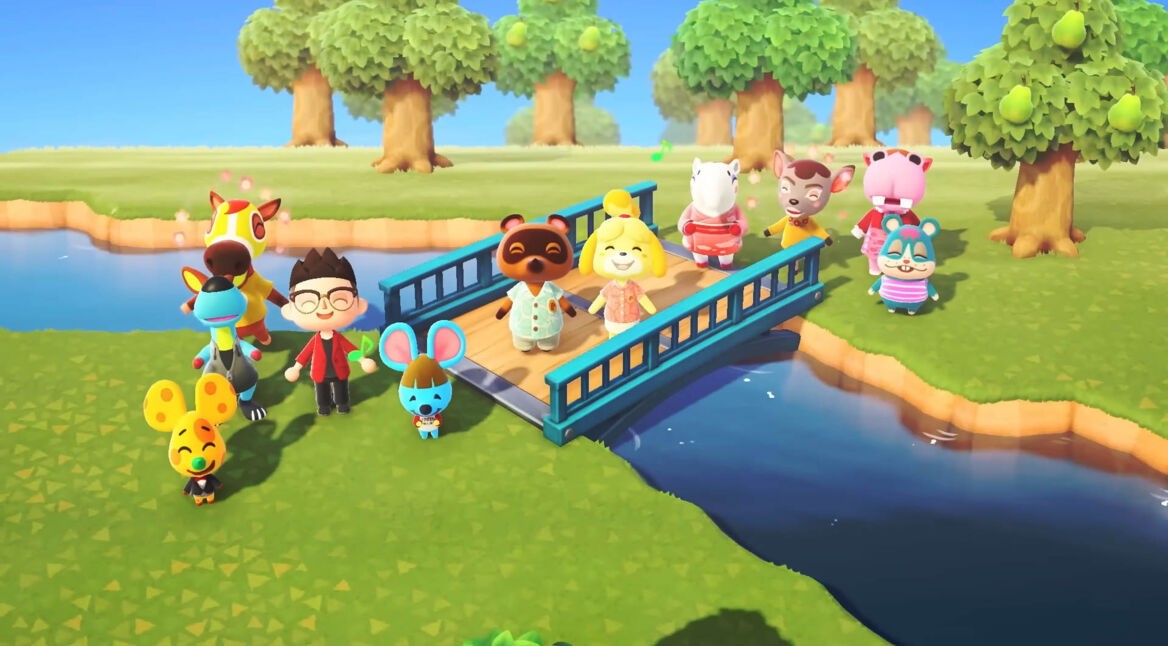 Screenshot einer Brücke mit zahlreichen Bewohner:innen aus Animal Crossing