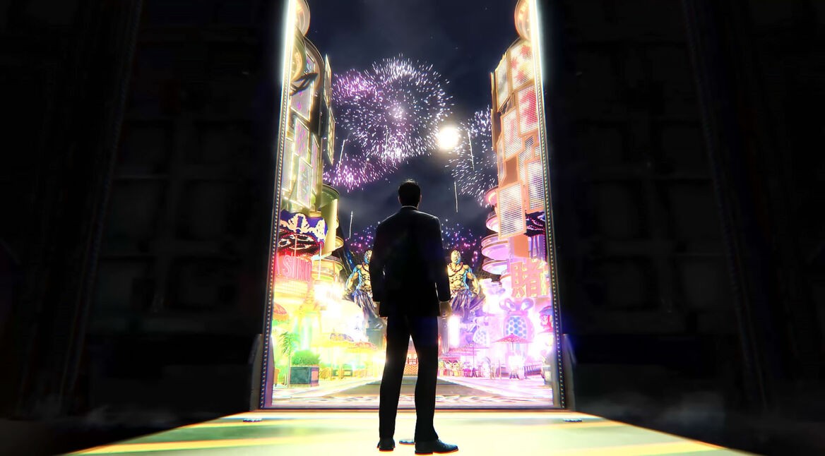 Der Protagonist aus Yakuza: Like A Dragon Gaiden und ein Feuerwerk in der Spielwelt