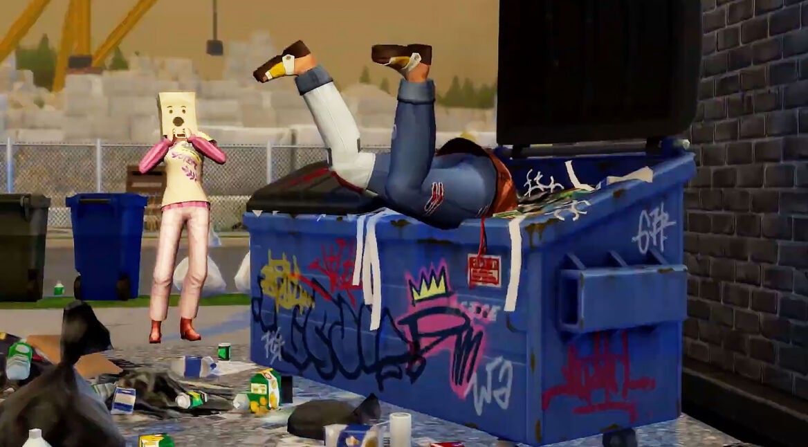 Ein Sim wühlt in Sims 4 kopfüber in einem Müllcontainer