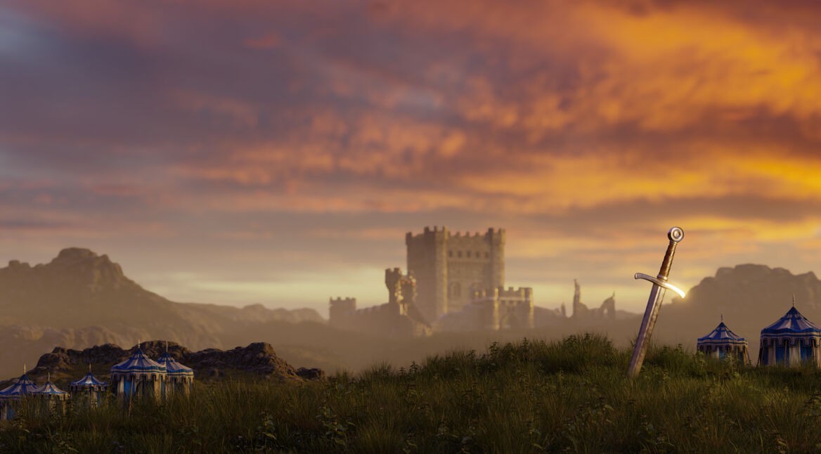 Im Spiel Stronghold: Definitive Edition Remaster Kritik steckt ein Schwert im Boden. Im Hintergrund ist eine Burg und mehrere Zelte zu sehen. Die Sonne geht unter
