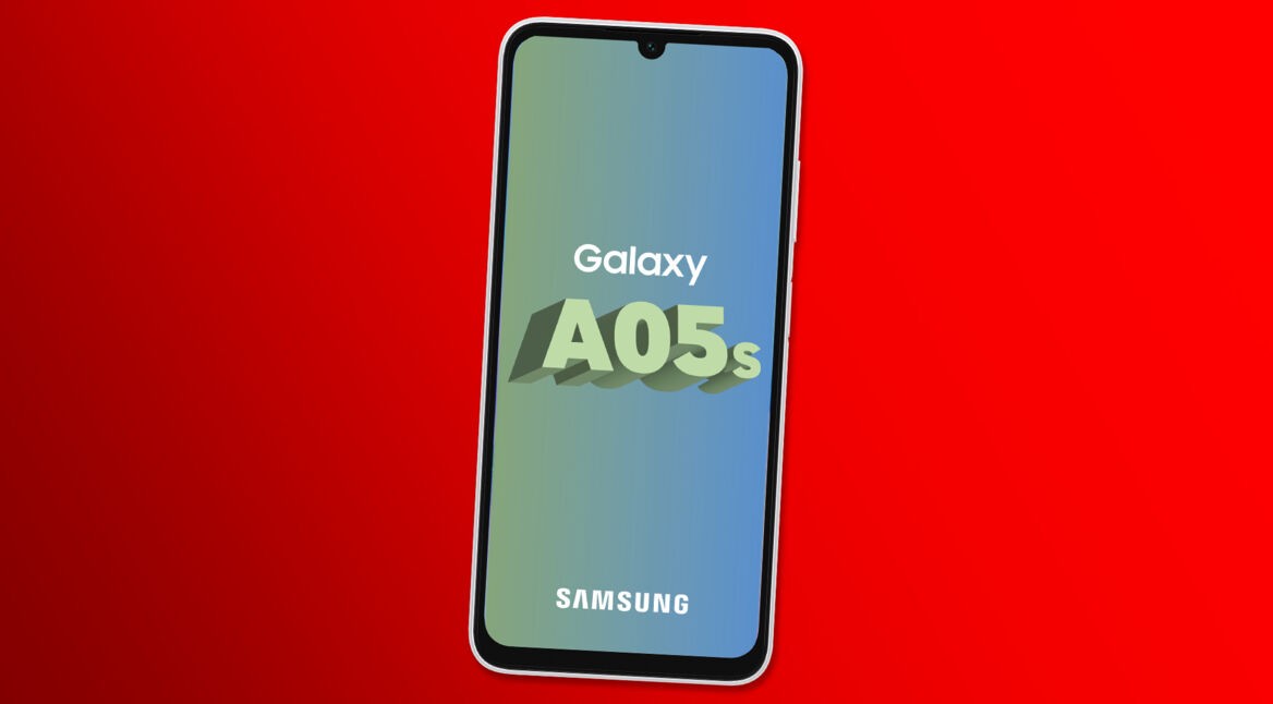 Das Smartphone Galaxy A05s von vorne vor rotem Hintergrund