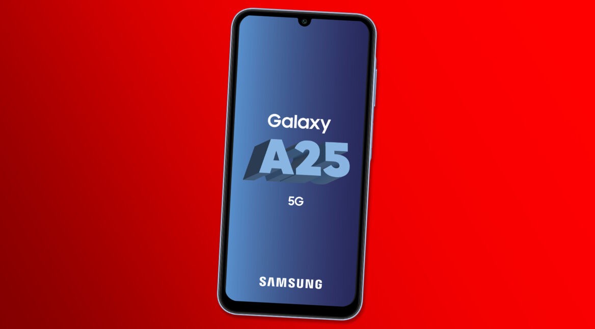 Das Galaxy A25 von vorne vor rotem Hintergrund