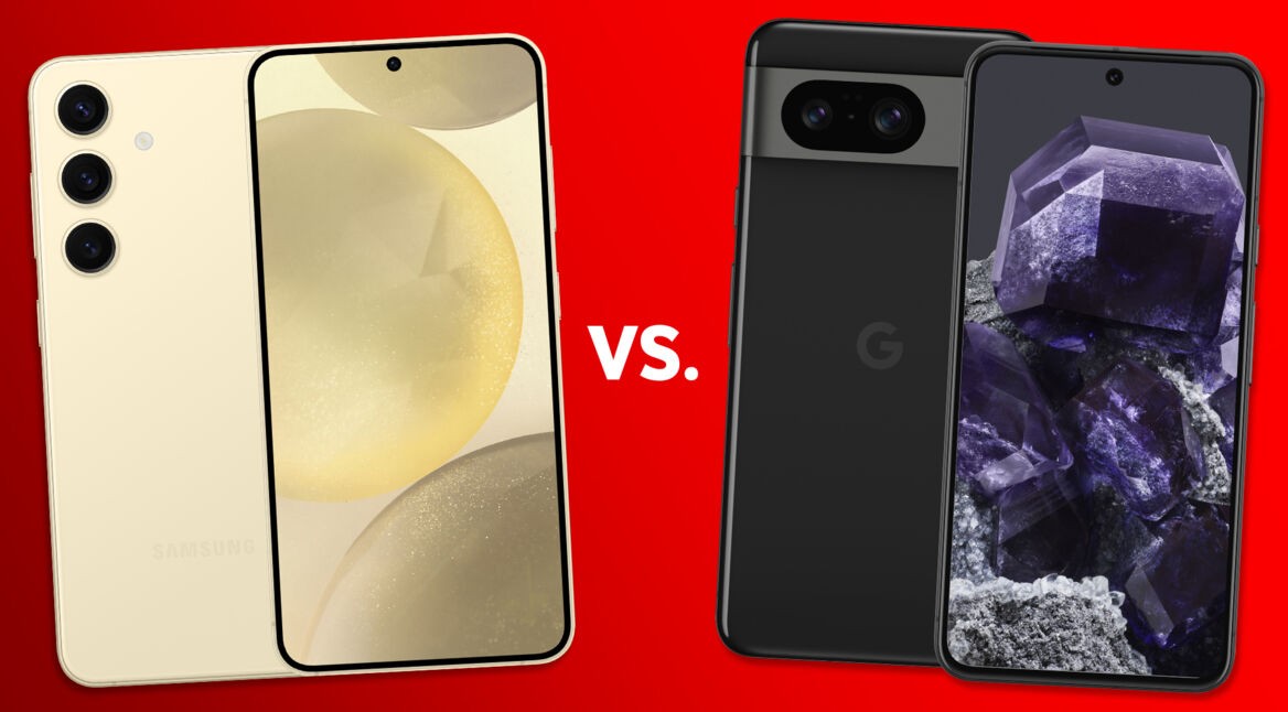 Das Galaxy S24 auf der linken Seite und das Pixel 8 auf der rechten vor rotem Hintergrund.