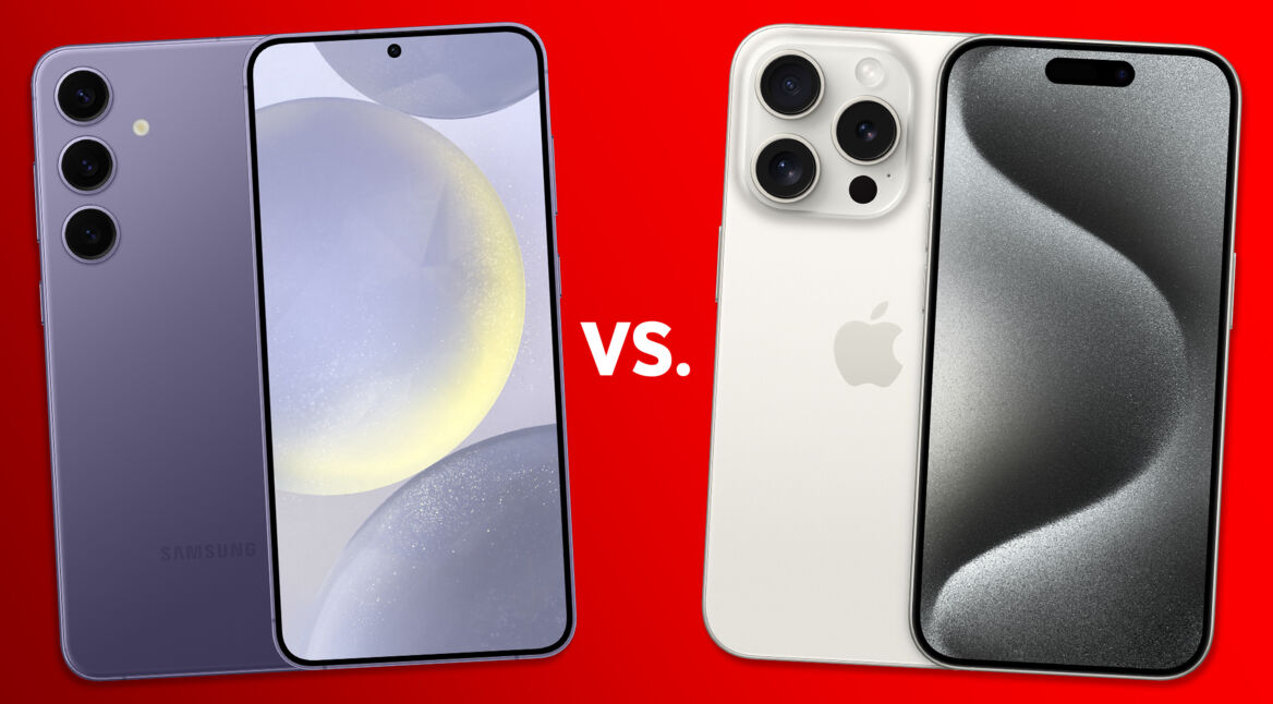 Das Galaxy S24 Plus und das iPhone 15 Pro vor rotem Hintergrund