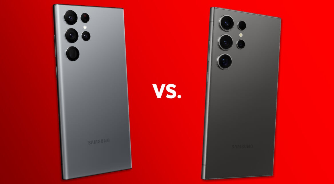 Das Galaxy S22 Ultra auf der linken Seite vs. Galaxy S24 Ultra auf der rechten Seite