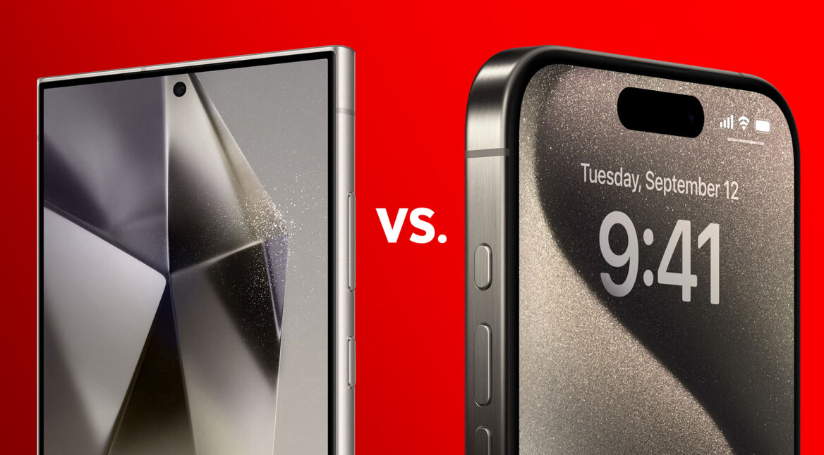 Das Galaxy S24 Ultra auf der linken Seite und das iPhone 15 Pro Max auf der rechten Seite