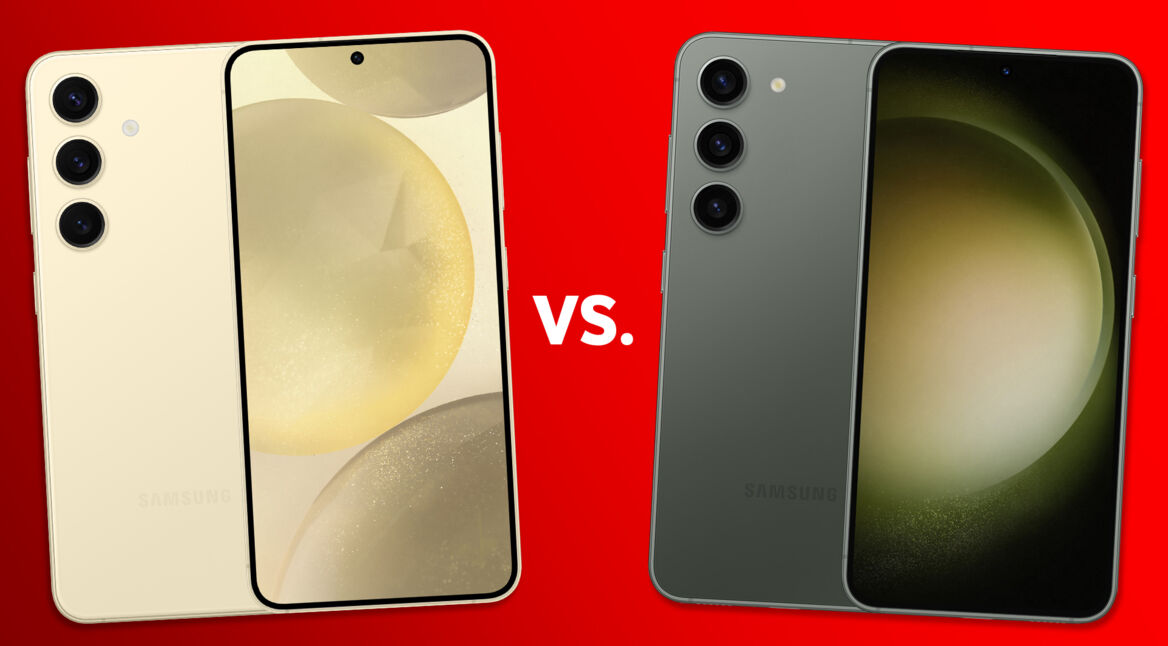 Die beiden Smartphones Galaxy S24 und Galaxy S23 von beiden Seiten vor rotem Hintergrund