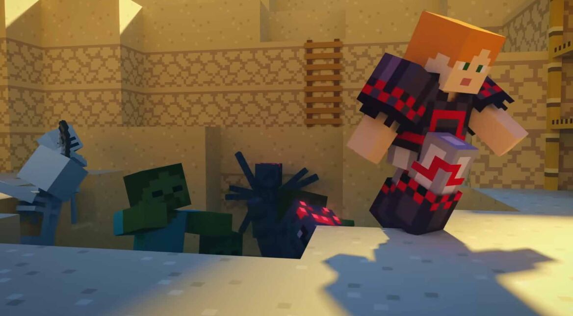 Ein Charakter wird von Monster in Minecraft angegriffen