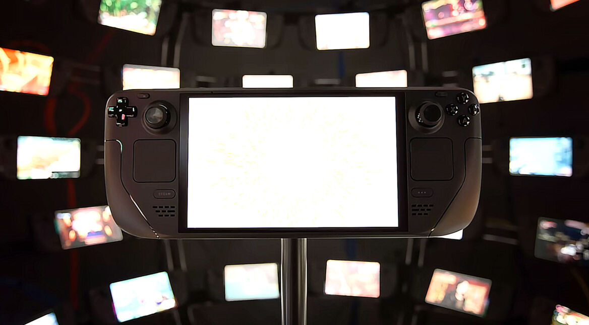 Das Steam Deck OLED mit vielen weiteren Steam Decks im Hintergrund