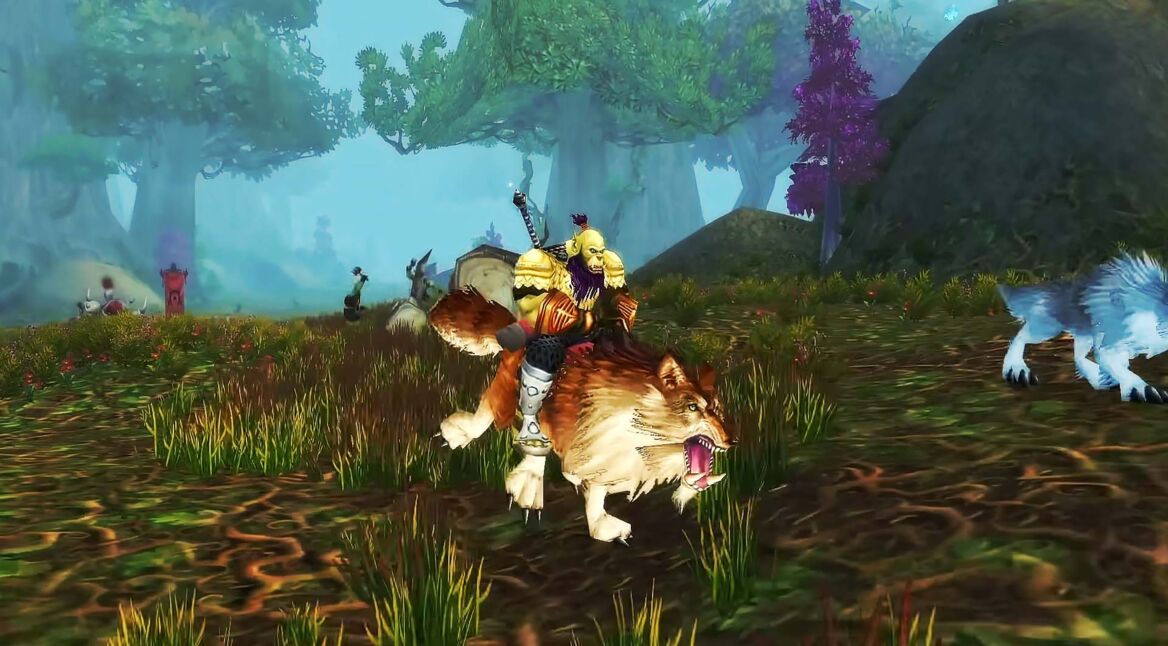 Ein Orc reitet auf einem Reittier durch die Welt von WoW Classic